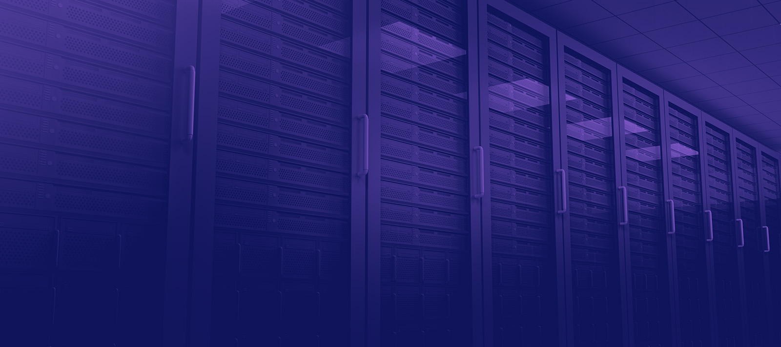 Photo of data center rack enclosures, with a purple gradient overlay